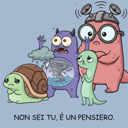 Gli Ospiti della Mente: cinque personaggi buffi che rappresentano diversi pensieri, con la scritta «Non sei tu, è un pensiero».
